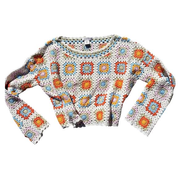 Crochet Cotton Multicolor Granny Square Top Long Sleeve Festival Fall - Picture 4 of 7